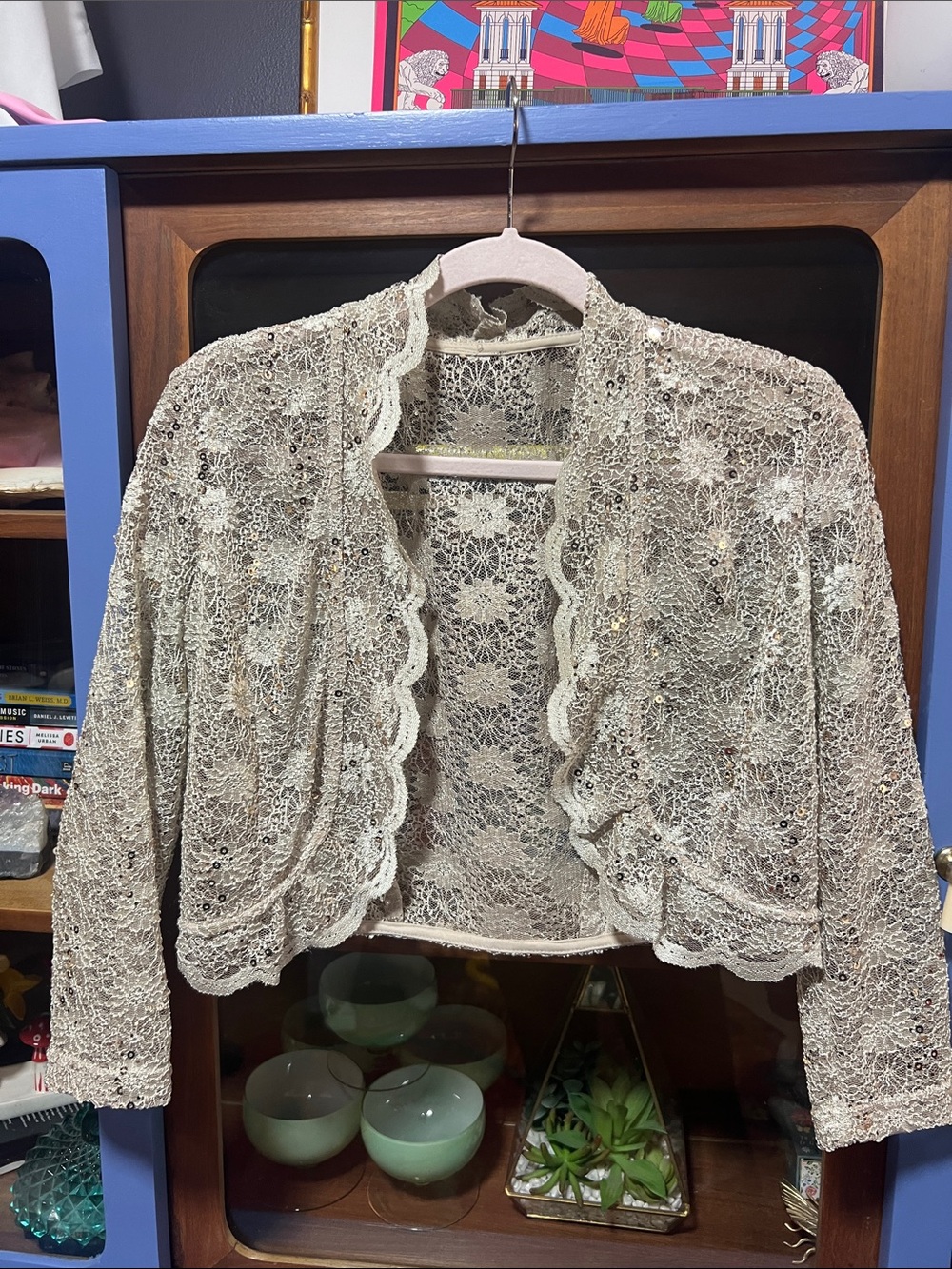 Lace Sequined Cropped Cardigan Sweater - Cream